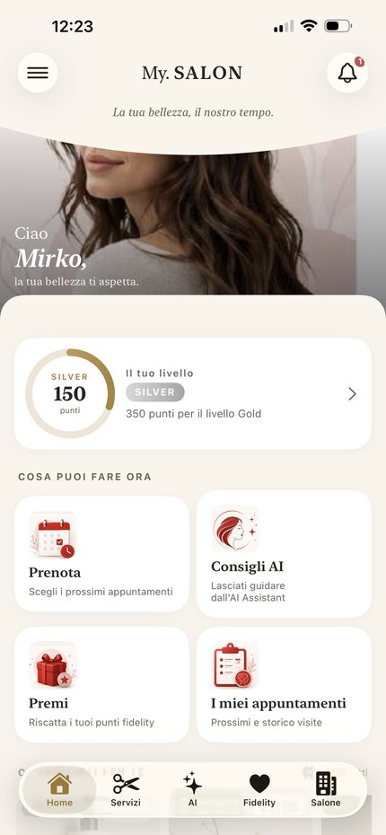 Schermata Home di My.Salon con il livello fedeltà e le azioni rapide